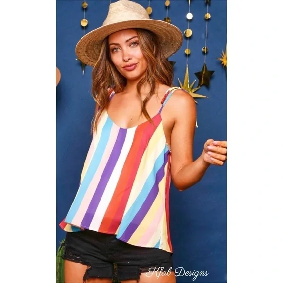 LAST 2! V Neck Fully Lined Rainbow Stripe Woven Tie Spaghetti Strap Top - Picture 9 of 10